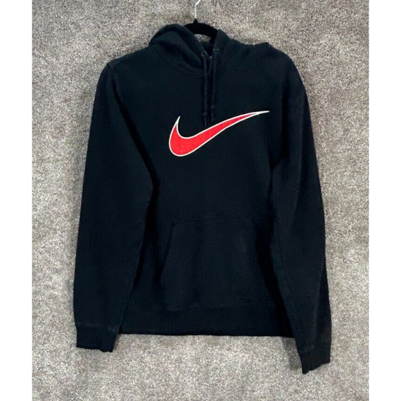 Vintage Nike Hoodie Mens Medium Black Big Center Swoosh Pullover Sweatshirt 80's - Picture 1 of 7